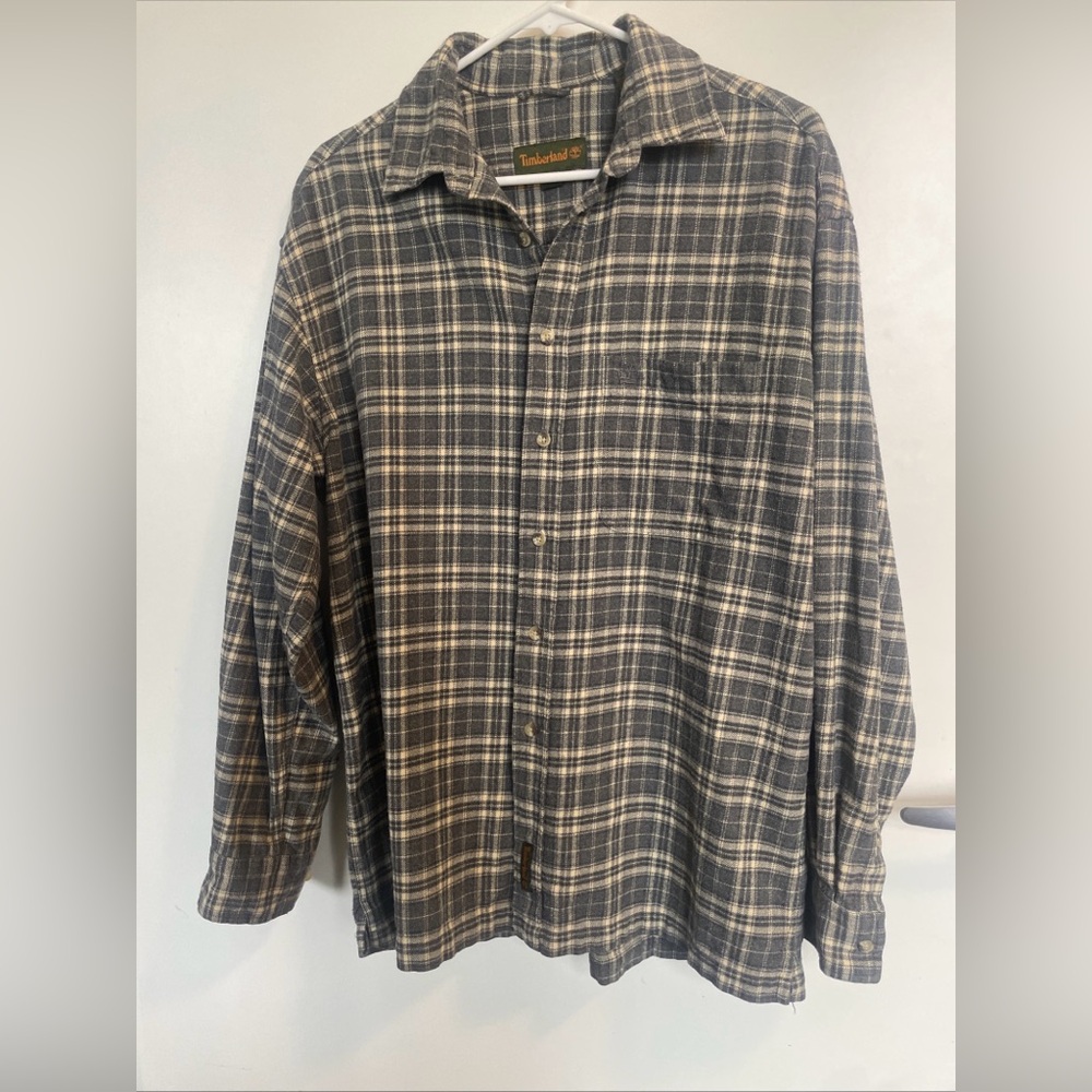 Timberland Men's Casual Plaid Shirt - Black and Cream 90s Grunge